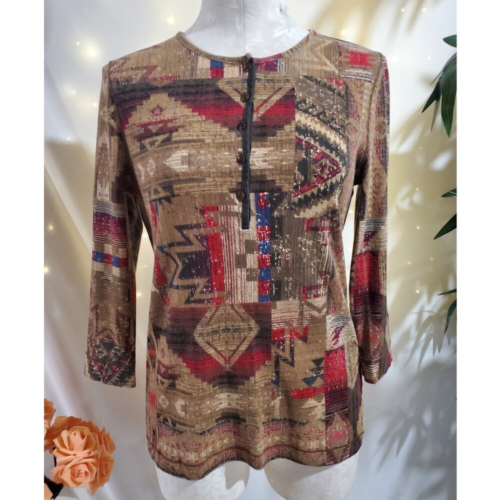 Lauren Ralph Lauren Jeans Aztec Southwestern 3/4 Sleeve Henley Top Size M Tribal